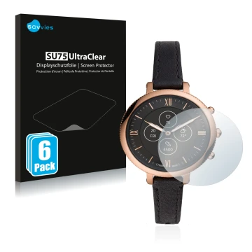 Vorderseite einer Produktverpackung mit dem Markenlogo Savvies. Daneben ist das Gerät Fossil Monroe Hybrid HR mit dem zugehöri