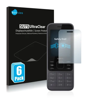 Vorderseite einer Produktverpackung mit dem Markenlogo Savvies. Daneben ist das Gerät Nokia 6300 2020 mit dem zugehörigen Disp