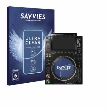 Vorderseite einer Produktverpackung mit dem Markenlogo Savvies. Daneben ist das Gerät Pioneer CDJ 3000 (Kreis) mit dem zugehör