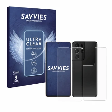 Vorderseite einer Produktverpackung mit dem Markenlogo Savvies. Daneben ist das Gerät Samsung Galaxy S21 Ultra 5G (Display+Rüc