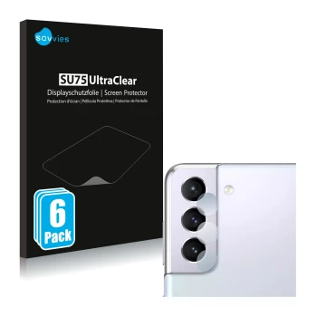 Vorderseite einer Produktverpackung mit dem Markenlogo Savvies. Daneben ist das Gerät Samsung Galaxy S21 5G (NUR Kameraschutz)