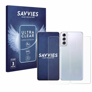 Vorderseite einer Produktverpackung mit dem Markenlogo Savvies. Daneben ist das Gerät Samsung Galaxy S21 Plus 5G (Display+Rück
