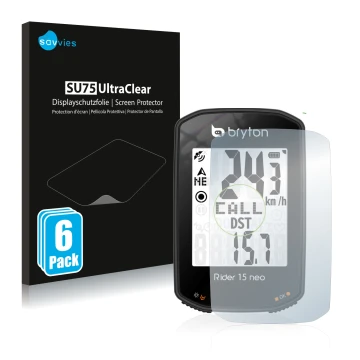 Vorderseite einer Produktverpackung mit dem Markenlogo Savvies. Daneben ist das Gerät Bryton Rider 15 neo mit dem zugehörigen 