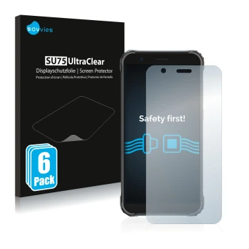Vorderseite einer Produktverpackung mit dem Markenlogo Savvies. Daneben ist das Gerät Blackview BV4900 mit dem zugehörigen Dis
