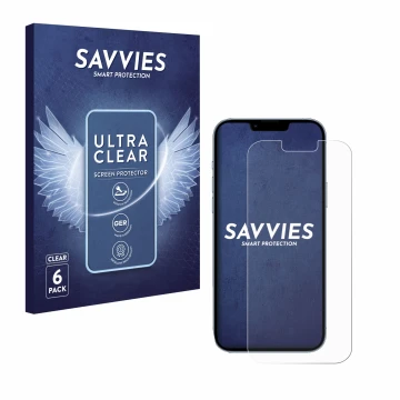 Vorderseite einer Produktverpackung mit dem Markenlogo Savvies. Daneben ist das Gerät Apple iPhone 13 Pro Max mit dem zugehöri