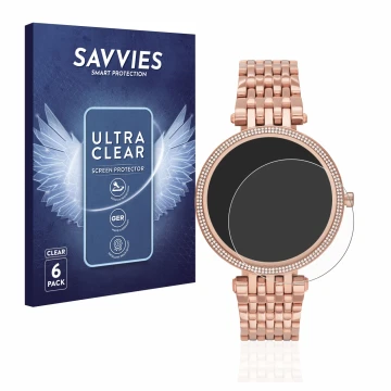 Vorderseite einer Produktverpackung mit dem Markenlogo Savvies. Daneben ist das Gerät Michael Kors Access Darci Gen 5E mit dem