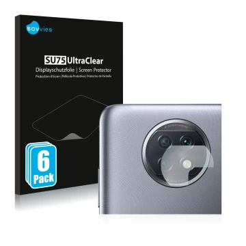 Vorderseite einer Produktverpackung mit dem Markenlogo Savvies. Daneben ist das Gerät Xiaomi Redmi Note 9T 5G (NUR Kameraschut