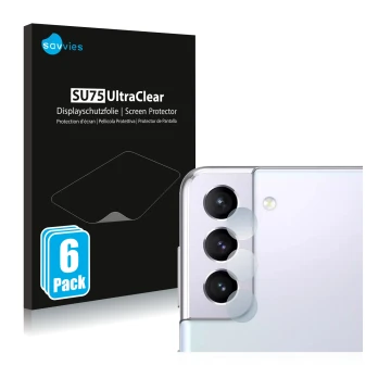 Vorderseite einer Produktverpackung mit dem Markenlogo Savvies. Daneben ist das Gerät Samsung Galaxy S21 (NUR Kameraschutz) mi
