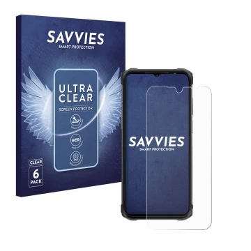 Vorderseite einer Produktverpackung mit dem Markenlogo Savvies. Daneben ist das Gerät Ulefone Armor 12 mit dem zugehörigen Dis