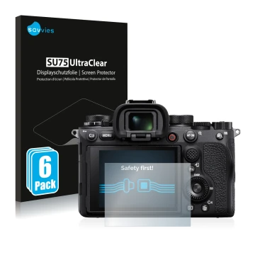 Vorderseite einer Produktverpackung mit dem Markenlogo Savvies. Daneben ist das Gerät Sony Alpha 1 mit dem zugehörigen Display