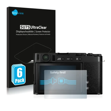 Vorderseite einer Produktverpackung mit dem Markenlogo Savvies. Daneben ist das Gerät Fujifilm X-E4 mit dem zugehörigen Displa