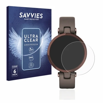 Vorderseite einer Produktverpackung mit dem Markenlogo Savvies. Daneben ist das Gerät Garmin Lily mit dem zugehörigen Displays