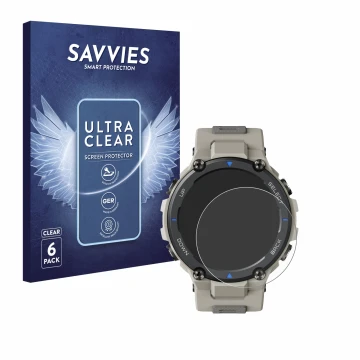 Vorderseite einer Produktverpackung mit dem Markenlogo Savvies. Daneben ist das Gerät Huami Amazfit T-Rex Pro mit dem zugehöri