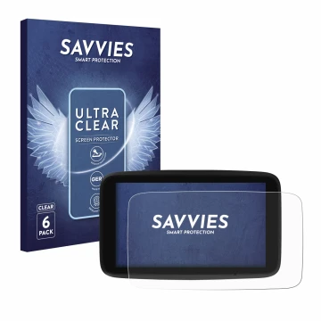 Vorderseite einer Produktverpackung mit dem Markenlogo Savvies. Daneben ist das Gerät TomTom GO Discover 7