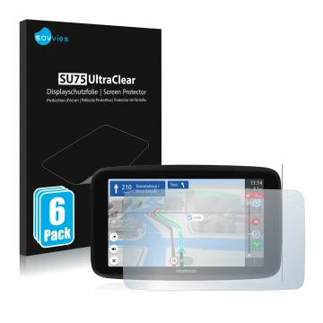 Vorderseite einer Produktverpackung mit dem Markenlogo Savvies. Daneben ist das Gerät TomTom GO Discover 6