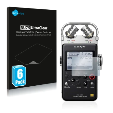 Vorderseite einer Produktverpackung mit dem Markenlogo Savvies. Daneben ist das Gerät Sony PCM D100 mit dem zugehörigen Displa