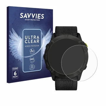 Vorderseite einer Produktverpackung mit dem Markenlogo Savvies. Daneben ist das Gerät Garmin Enduro mit dem zugehörigen Displa