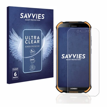 Vorderseite einer Produktverpackung mit dem Markenlogo Savvies. Daneben ist das Gerät Doogee S40 Pro mit dem zugehörigen Displ