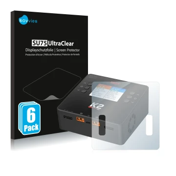 Vorderseite einer Produktverpackung mit dem Markenlogo Savvies. Daneben ist das Gerät ISDT Smart Duo Charger K2 mit dem zugehö