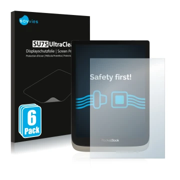 Vorderseite einer Produktverpackung mit dem Markenlogo Savvies. Daneben ist das Gerät PocketBook InkPad Color mit dem zugehöri