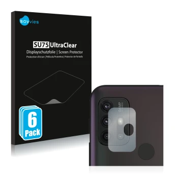 Vorderseite einer Produktverpackung mit dem Markenlogo Savvies. Daneben ist das Gerät Motorola Moto G30 (NUR Kameraschutz) mit