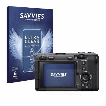 Vorderseite einer Produktverpackung mit dem Markenlogo Savvies. Daneben ist das Gerät Sony FX3 mit dem zugehörigen Displayschu