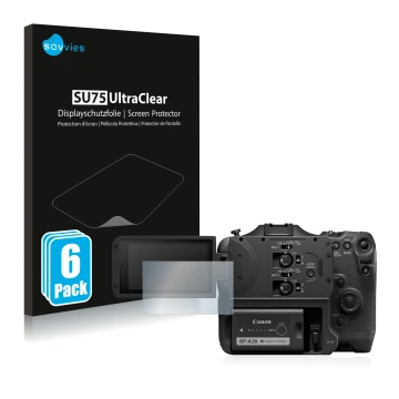 Vorderseite einer Produktverpackung mit dem Markenlogo Savvies. Daneben ist das Gerät Canon EOS C70 mit dem zugehörigen Displa