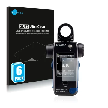 Vorderseite einer Produktverpackung mit dem Markenlogo Savvies. Daneben ist das Gerät Sekonic L858D mit dem zugehörigen Displa
