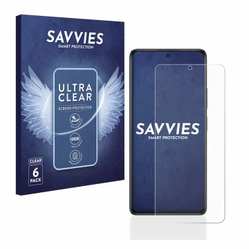 Vorderseite einer Produktverpackung mit dem Markenlogo Savvies. Daneben ist das Gerät Xiaomi Redmi Note 10S mit dem zugehörige
