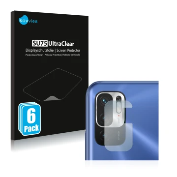 Vorderseite einer Produktverpackung mit dem Markenlogo Savvies. Daneben ist das Gerät Xiaomi Redmi Note 10 5G (NUR Kameraschut