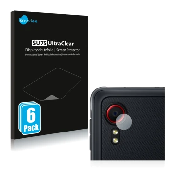 Vorderseite einer Produktverpackung mit dem Markenlogo Savvies. Daneben ist das Gerät Samsung Galaxy XCover 5 (NUR Kameraschut