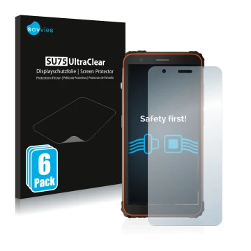 Vorderseite einer Produktverpackung mit dem Markenlogo Savvies. Daneben ist das Gerät Blackview BV6600 mit dem zugehörigen Dis