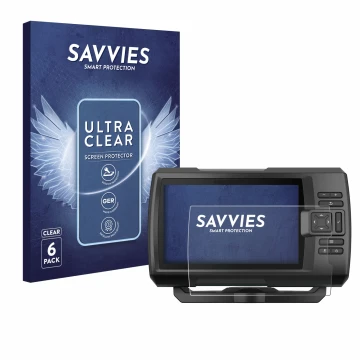 Vorderseite einer Produktverpackung mit dem Markenlogo Savvies. Daneben ist das Gerät Garmin Striker Vivid 7cv mit dem zugehör