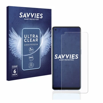 Vorderseite einer Produktverpackung mit dem Markenlogo Savvies. Daneben ist das Gerät Oppo A74 mit dem zugehörigen Displayschu