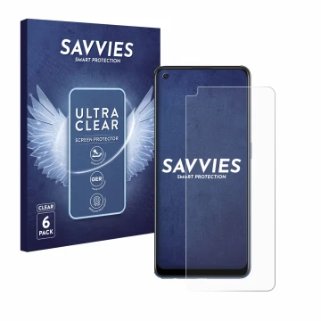 Vorderseite einer Produktverpackung mit dem Markenlogo Savvies. Daneben ist das Gerät Oppo A74 5G mit dem zugehörigen Displays