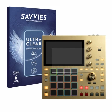 Vorderseite einer Produktverpackung mit dem Markenlogo Savvies. Daneben ist das Gerät Akai MPC One mit dem zugehörigen Display