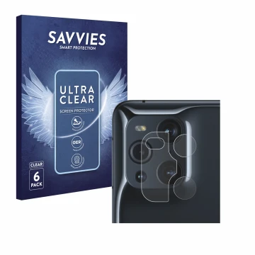 Vorderseite einer Produktverpackung mit dem Markenlogo Savvies. Daneben ist das Gerät Oppo Find X3 Pro (NUR Kameraschutz) mit 