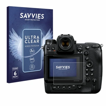 Vorderseite einer Produktverpackung mit dem Markenlogo Savvies. Daneben ist das Gerät Nikon Z 9 mit dem zugehörigen Displaysch