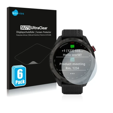 Vorderseite einer Produktverpackung mit dem Markenlogo Savvies. Daneben ist das Gerät Garmin Approach S42 mit dem zugehörigen 