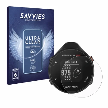 Vorderseite einer Produktverpackung mit dem Markenlogo Savvies. Daneben ist das Gerät Garmin Approach G12 mit dem zugehörigen 