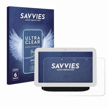 Vorderseite einer Produktverpackung mit dem Markenlogo Savvies. Daneben ist das Gerät Google Nest Hub 2 mit dem zugehörigen Di