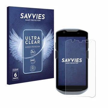 Vorderseite einer Produktverpackung mit dem Markenlogo Savvies. Daneben ist das Gerät Zebra TC52x mit dem zugehörigen Displays