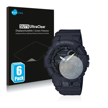 Vorderseite einer Produktverpackung mit dem Markenlogo Savvies. Daneben ist das Gerät Casio G-Shock GBA800 mit dem zugehörigen