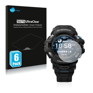 Vorderseite einer Produktverpackung mit dem Markenlogo Savvies. Daneben ist das Gerät Casio G-Shock GSW-H1000 mit dem zugehöri