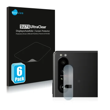 Vorderseite einer Produktverpackung mit dem Markenlogo Savvies. Daneben ist das Gerät Sony Xperia 1 III (NUR Kameraschutz) mit