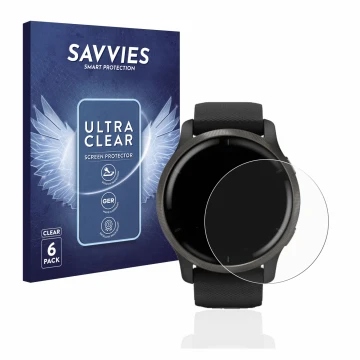 Vorderseite einer Produktverpackung mit dem Markenlogo Savvies. Daneben ist das Gerät Garmin Venu 2 mit dem zugehörigen Displa