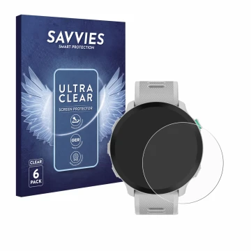 Vorderseite einer Produktverpackung mit dem Markenlogo Savvies. Daneben ist das Gerät Garmin Forerunner 55 mit dem zugehörigen