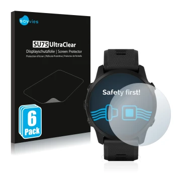 Vorderseite einer Produktverpackung mit dem Markenlogo Savvies. Daneben ist das Gerät Garmin Forerunner 945 LTE mit dem zugehö