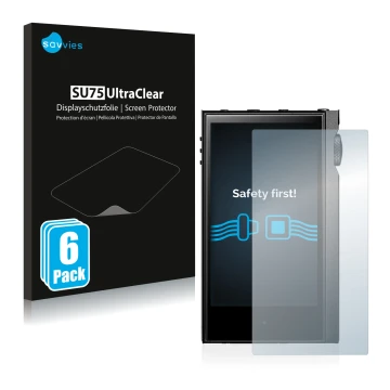 Vorderseite einer Produktverpackung mit dem Markenlogo Savvies. Daneben ist das Gerät Astell&Kern Kann Alpha mit dem zugehörig
