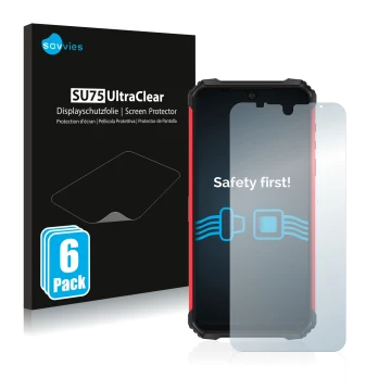 Vorderseite einer Produktverpackung mit dem Markenlogo Savvies. Daneben ist das Gerät Ulefone Armor 8 Pro mit dem zugehörigen 